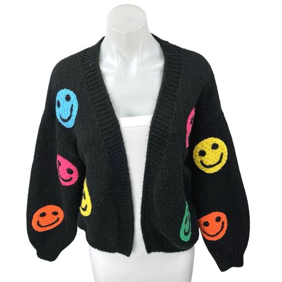 Women's Black Multicolor Retro Smiley Face Knit Open Cardigan Sweater Top S - Picture 1 of 3